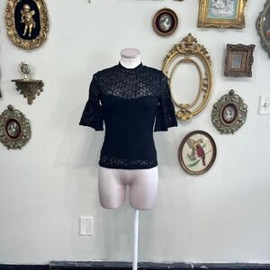 Nightcap Clothing Black French Lace Mock Neck Bell Sleeve Top - Size S